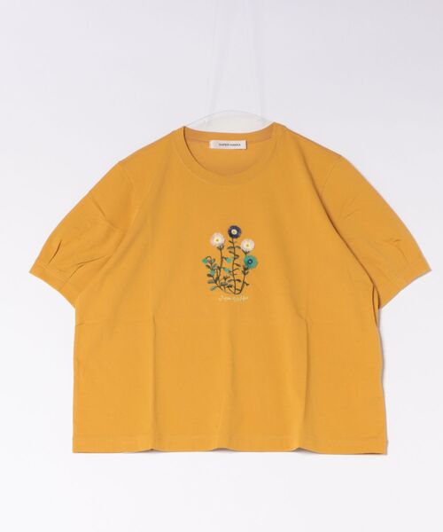 SUPER HAKKA（スーパーハッカ）の「30／－天竺シルキー加工ガーベラプランツオンケミ刺繍Tシャツ（Tシャツ/カットソー・レディース・マスタード/ネイビー/オフホワイト・FREE）」の2枚目の写真