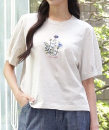 30/-天竺シルキー加工ガーベラプランツオンケミ刺繍Tシャツ