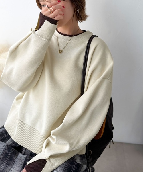 classicalelf(クラシカルエルフ)の「ちらっ見せでお洒落を格上げ。袖ボタンバイカラーミラノリブニット(長袖)(ニット/セーター・レディース・グレー/ブラウン/アイボリー/ブラック/ネイビー・LARGE/MEDIUM/SMALL/X-LARGE)」の7枚目の写真