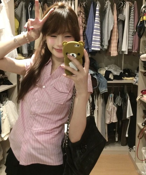 AsheKsha(アシクシャ)の「甘辛風ピンクストライプウエスト絞り半袖シャツ(シャツ/ブラウス・レディース・ピンク・M)」の14枚目の写真