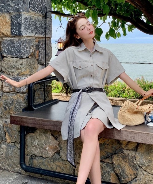FAVORITO(ファヴォリート)の「シャツワンピース&ラップスカートセットアップ(シャツワンピース・レディース・ライトベージュ・S/M/L/XL)」の6枚目の写真