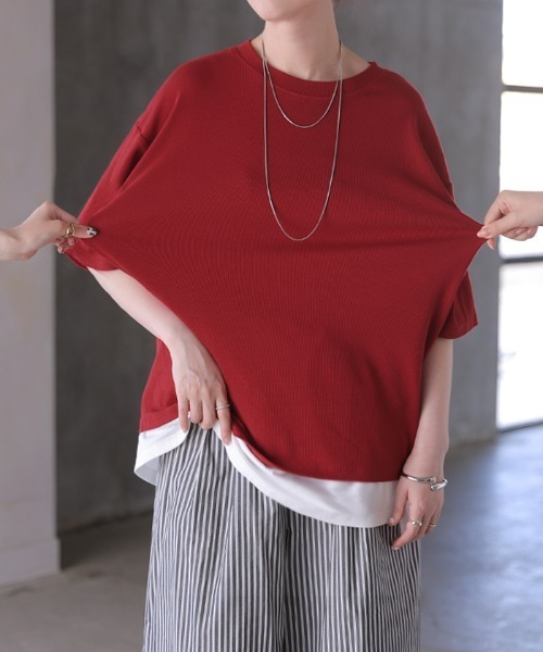 HUG.U(ハグユー)の「とろリブ。超のびる リラクシーTシャツ(Tシャツ/カットソー・レディース・ダークグレー/レッド/ブルー/イエロー/ホワイト/ブラック/パープル・FREE)」の7枚目の写真