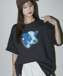 PUBLUX/パブリュクス パール付 牛 相良刺繍 ビッグ Tシャツ 限定展開