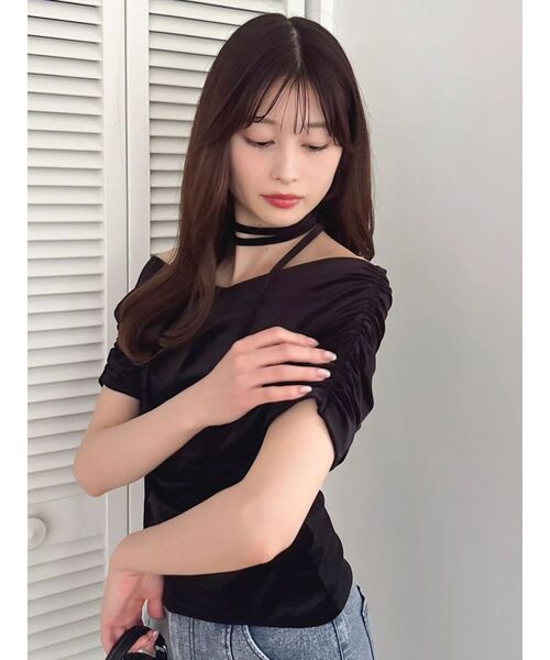 dazzlin（ダズリン）の「シアーベロアドレープトップス（Tシャツ/カットソー・レディース・ピンク/オフホワイト/ブラック/ブラウン・FREE）」の8枚目の写真