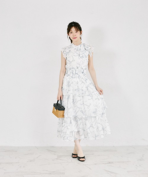 tocco closet(トッコ クローゼット)の「ウエストシャーリングリボンプリントシフォンティアードスカート(スカート・レディース・ピンク/ブラック・M)」の9枚目の写真