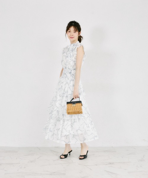 tocco closet(トッコ クローゼット)の「ウエストシャーリングリボンプリントシフォンティアードスカート(スカート・レディース・ピンク/ブラック・M)」の8枚目の写真