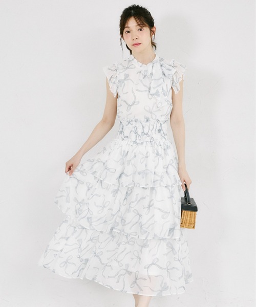 tocco closet(トッコ クローゼット)の「ウエストシャーリングリボンプリントシフォンティアードスカート(スカート・レディース・ピンク/ブラック・M)」の6枚目の写真