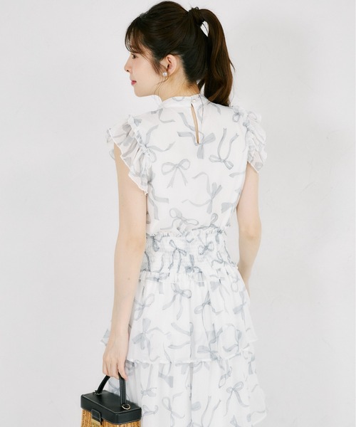 tocco closet(トッコ クローゼット)の「ウエストシャーリングリボンプリントシフォンティアードスカート(スカート・レディース・ピンク/ブラック・M)」の3枚目の写真