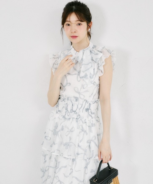 tocco closet(トッコ クローゼット)の「ウエストシャーリングリボンプリントシフォンティアードスカート(スカート・レディース・ピンク/ブラック・M)」の5枚目の写真