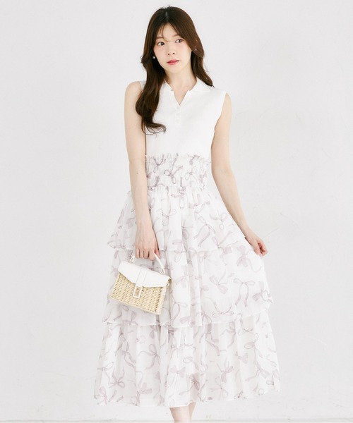 tocco closet(トッコ クローゼット)の「ウエストシャーリングリボンプリントシフォンティアードスカート(スカート・レディース・ピンク/ブラック・M)」の20枚目の写真