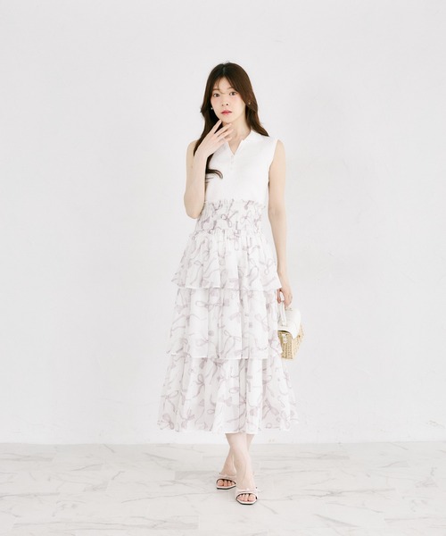 tocco closet(トッコ クローゼット)の「ウエストシャーリングリボンプリントシフォンティアードスカート(スカート・レディース・ピンク/ブラック・M)」の22枚目の写真