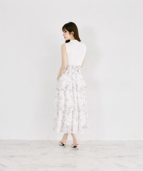 tocco closet(トッコ クローゼット)の「ウエストシャーリングリボンプリントシフォンティアードスカート(スカート・レディース・ピンク/ブラック・M)」の21枚目の写真