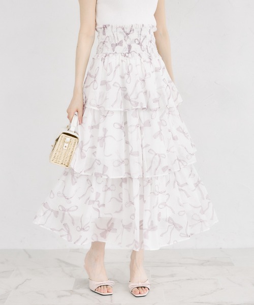 tocco closet(トッコ クローゼット)の「ウエストシャーリングリボンプリントシフォンティアードスカート(スカート・レディース・ピンク/ブラック・M)」の19枚目の写真