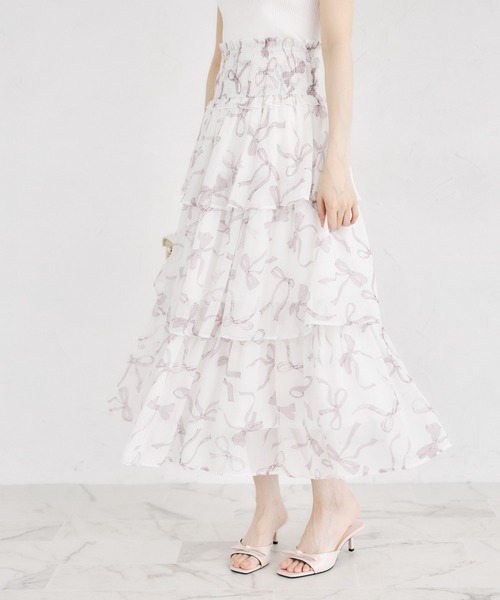 tocco closet(トッコ クローゼット)の「ウエストシャーリングリボンプリントシフォンティアードスカート(スカート・レディース・ピンク/ブラック・M)」の18枚目の写真