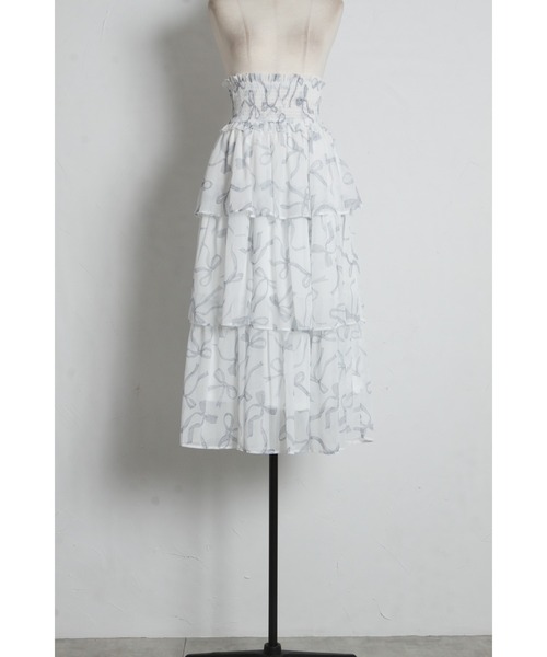 tocco closet(トッコ クローゼット)の「ウエストシャーリングリボンプリントシフォンティアードスカート(スカート・レディース・ピンク/ブラック・M)」の17枚目の写真
