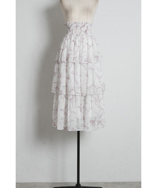 tocco closet(トッコ クローゼット)の「ウエストシャーリングリボンプリントシフォンティアードスカート(スカート・レディース・ピンク/ブラック・M)」の16枚目の写真