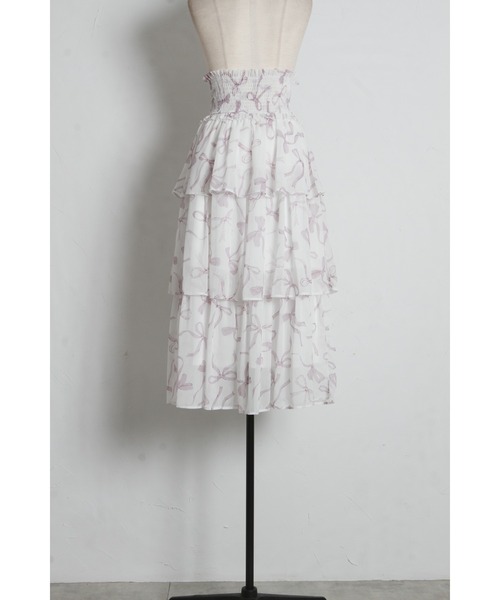tocco closet(トッコ クローゼット)の「ウエストシャーリングリボンプリントシフォンティアードスカート(スカート・レディース・ピンク/ブラック・M)」の14枚目の写真