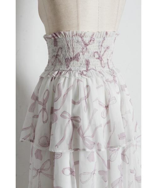 tocco closet(トッコ クローゼット)の「ウエストシャーリングリボンプリントシフォンティアードスカート(スカート・レディース・ピンク/ブラック・M)」の13枚目の写真