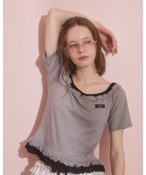 lilLilly(リルリリー)の「レースレイヤードトップス(Tシャツ/カットソー・レディース・アイボリー/ホワイト系その他/グレー・FREE)」の3枚目の写真