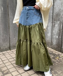 デニム切替ティアードロングスカート