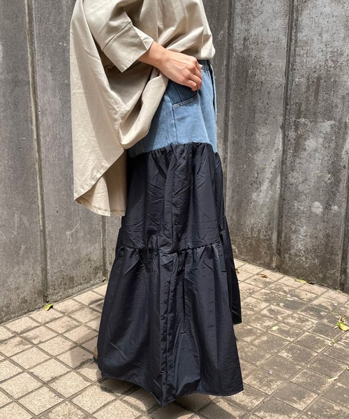 CRB（シーアールビー）の「デニム切替ティアードロングスカート（スカート・レディース・カーキ/ブラック/ブルー・F）」の5枚目の写真