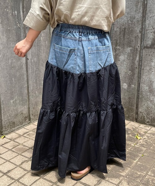 CRB（シーアールビー）の「デニム切替ティアードロングスカート（スカート・レディース・カーキ/ブラック/ブルー・F）」の6枚目の写真