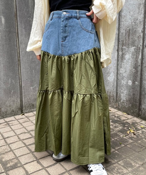 CRB（シーアールビー）の「デニム切替ティアードロングスカート（スカート・レディース・カーキ/ブラック/ブルー・F）」の14枚目の写真