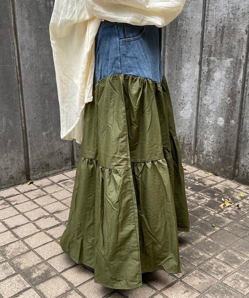 CRB（シーアールビー）の「デニム切替ティアードロングスカート（スカート・レディース・カーキ/ブラック/ブルー・F）」の15枚目の写真