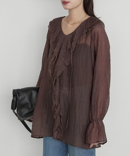 LOUNGEDRESS(ラウンジドレス)の「楊柳フリルカラーブラウス 秋服(シャツ/ブラウス・レディース・アイボリー/ブラウン/グレー・FREE)」の3枚目の写真