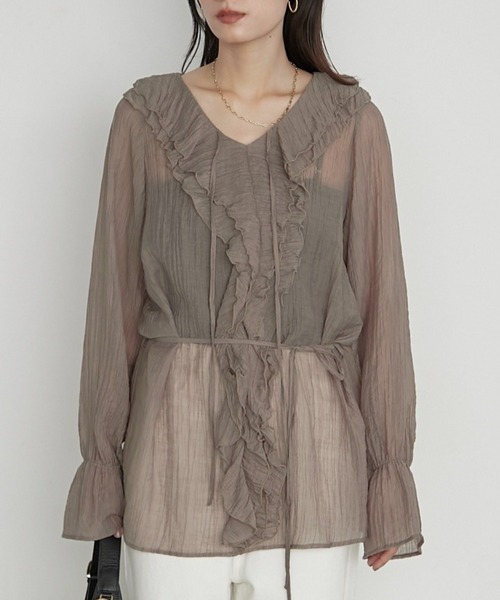 LOUNGEDRESS(ラウンジドレス)の「楊柳フリルカラーブラウス 秋服(シャツ/ブラウス・レディース・アイボリー/ブラウン/グレー・FREE)」の1枚目の写真
