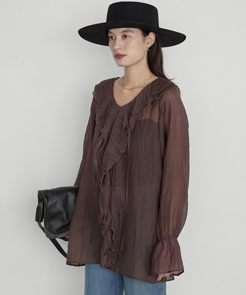 LOUNGEDRESS(ラウンジドレス)の「楊柳フリルカラーブラウス 秋服(シャツ/ブラウス・レディース・アイボリー/ブラウン/グレー・FREE)」の6枚目の写真