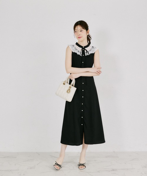 tocco closet(トッコ クローゼット)の「リボン付きフラワーレース装飾パール釦バックレースアップワンピース(ワンピース・レディース・ネイビー/ブラック・M)」の3枚目の写真