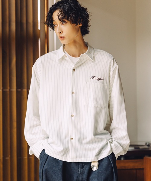 Bleme(ブレム)の「刺繍ロゴ ストライプ長袖シャツ(シャツ/ブラウス・メンズ・ネイビー/ライトブルー/オフホワイト・M/S/XL/L)」の6枚目の写真
