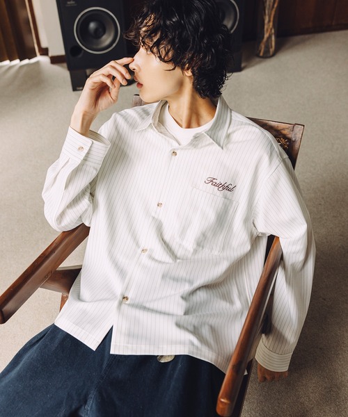 Bleme(ブレム)の「刺繍ロゴ ストライプ長袖シャツ(シャツ/ブラウス・メンズ・ネイビー/ライトブルー/オフホワイト・M/S/XL/L)」の9枚目の写真