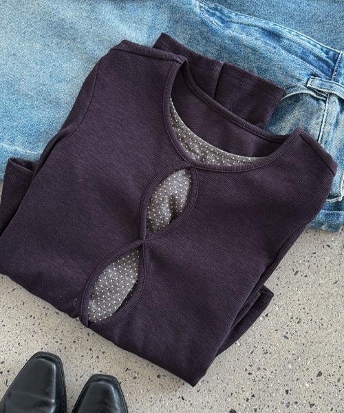 CHUN CHUN NOTES(チュンチュンノーツ)の「26AW/フェイクレイヤード カットアウトデザイン長袖トップス(Tシャツ/カットソー・レディース・パープル/ブラック・M)」の20枚目の写真