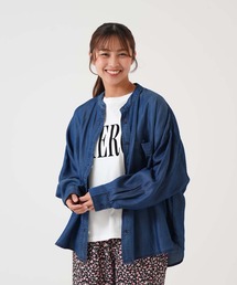 バンドカラー長袖ワイドデニムシャツ