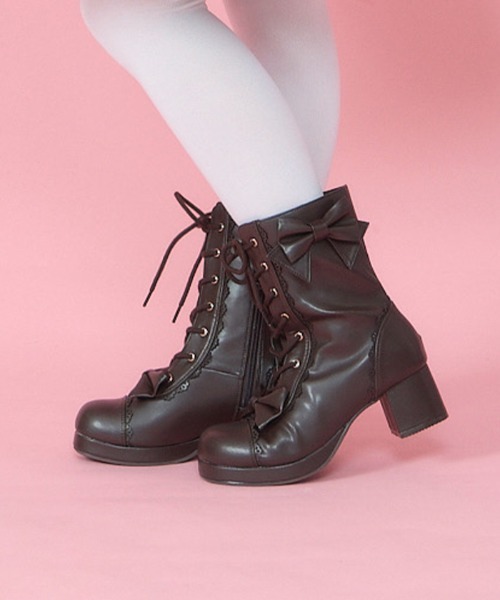 Chalmiere(シャルミエール)の「リボンミドルブーツ(ブーツ・レディース・ホワイト/ブラウン/ピンク・MEDIUM/LARGE)」の4枚目の写真