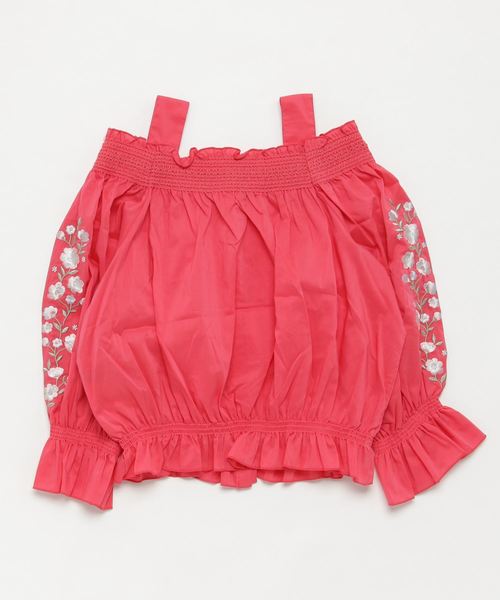 Lindsay（リンジィ）の「袖花刺繍オフショルブラウス（シャツ/ブラウス・キッズ・ホワイト/レッド・160/150）」の2枚目の写真