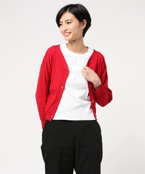 12Twelve Agenda（トゥエルブ　アジェンダ）の「Vネックリブショートカーディガン（カーディガン/ボレロ・レディース・オフホワイト/ネイビー/レッド/ブルー/ブラウン/マスタード・M）」の12枚目の写真