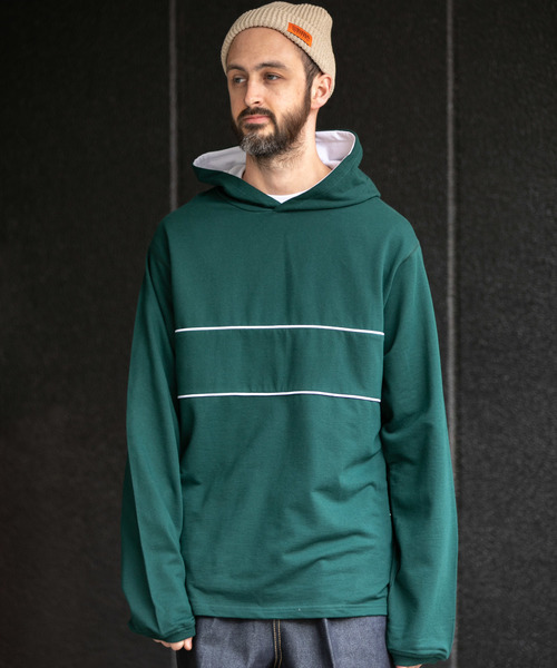 YARD PLUS(ヤードプリュス)の「YARD PLUS 配色ミニ裏毛パーカー(パーカー・メンズ・ダークグリーン/ナチュラル・MEDIUM/LARGE)」の2枚目の写真