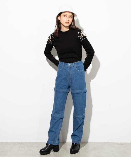 WEGO（ウィゴー）の「WEGO/ジッパーデニムワイドパンツ（デニムパンツ・レディース・インディゴブルー/ブラック・FREE）」の10枚目の写真