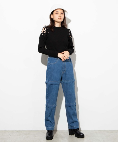 WEGO（ウィゴー）の「WEGO/ジッパーデニムワイドパンツ（デニムパンツ・レディース・インディゴブルー/ブラック・FREE）」の7枚目の写真