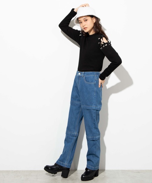 WEGO（ウィゴー）の「WEGO/ジッパーデニムワイドパンツ（デニムパンツ・レディース・インディゴブルー/ブラック・FREE）」の5枚目の写真