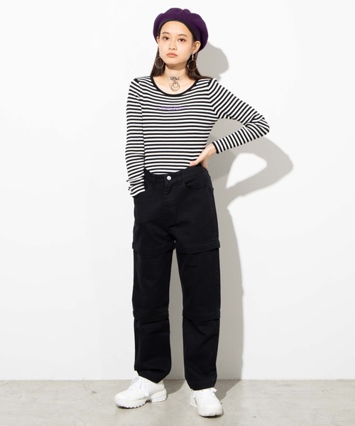 WEGO（ウィゴー）の「WEGO/ジッパーデニムワイドパンツ（デニムパンツ・レディース・インディゴブルー/ブラック・FREE）」の4枚目の写真