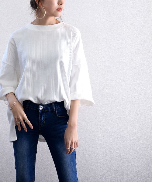 classicalelf(クラシカルエルフ)の「ランダムリブ ミドル丈無地クルーネックビッグTシャツ(半袖)(Tシャツ/カットソー・レディース・チャコール/ブラウン/ブラック/ベージュ/ホワイト・X-LARGE/XX-LARGE/MEDIUM/LARGE)」の11枚目の写真