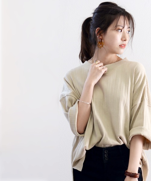 classicalelf(クラシカルエルフ)の「ランダムリブ ミドル丈無地クルーネックビッグTシャツ(半袖)(Tシャツ/カットソー・レディース・チャコール/ブラウン/ブラック/ベージュ/ホワイト・X-LARGE/XX-LARGE/MEDIUM/LARGE)」の12枚目の写真