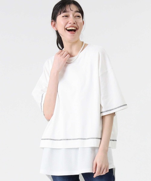 RAG MACHINE(ラグマシーン)の「【RAG MACHINE】配色レイヤードTシャツ(Tシャツ/カットソー・レディース・パープル/オフホワイト/ブラック・M/L)」の2枚目の写真