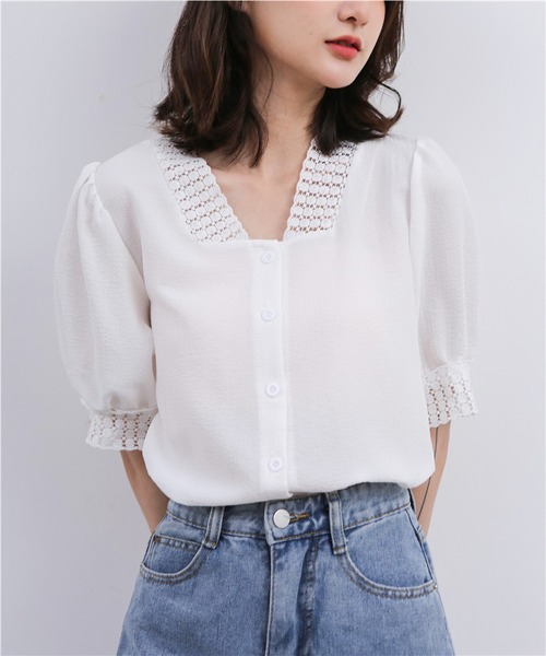 MAISON DE THERESE(メゾン ド テレーズ)の「レースパフ袖Vネックブラウス(シャツ/ブラウス・レディース・ライトベージュ/ホワイト・M/L/S)」の10枚目の写真