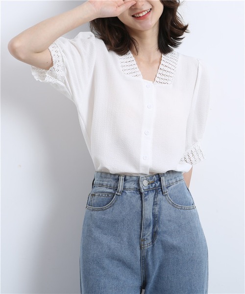 MAISON DE THERESE(メゾン ド テレーズ)の「レースパフ袖Vネックブラウス(シャツ/ブラウス・レディース・ライトベージュ/ホワイト・M/L/S)」の12枚目の写真