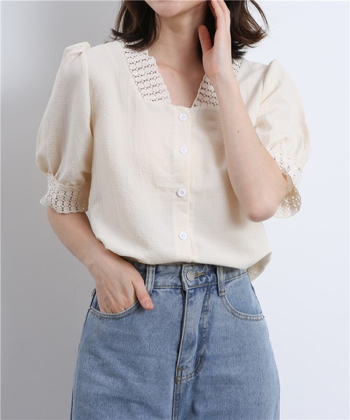 MAISON DE THERESE(メゾン ド テレーズ)の「レースパフ袖Vネックブラウス(シャツ/ブラウス・レディース・ライトベージュ/ホワイト・M/L/S)」の21枚目の写真
